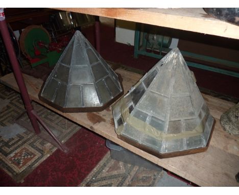 A pair of vintage leaded light pyramid shaped garden cloches housed within ironwork frames