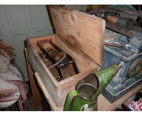 Four vintage petrol cans with screw caps - Pratts, BP, Shell and Esso examples, a Castrol oil jug, a Dunlop Junior foot pump,