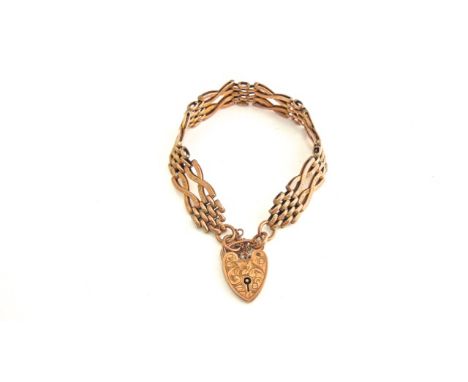 A 9ct rose gold gate-link bracelet, polished and textured links, with heart-shaped padlock clasp, 15.2g