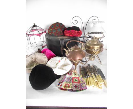 A miscellaneous collection to include a leaded glass terranium, a 20th century hat box containing a quantity of hats, an elec