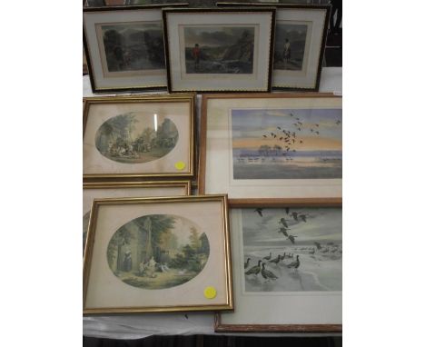 Three 19th century coloured engravings of fishing subjects, Fashioning a Fly and Saft An' Slyly both after A Cooper and a Day