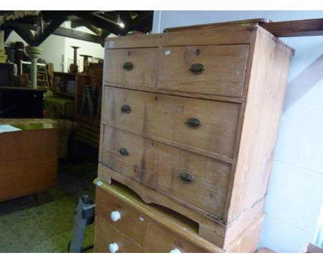 A small 19th century stripped pine caddy top bedroom chest of two long and two short drawers raised on later bracket supports