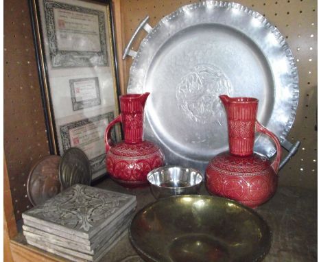 A miscellaneous collection to include a pair of 20th century ceramic ewers with red glazed detail, decorated with trailing be