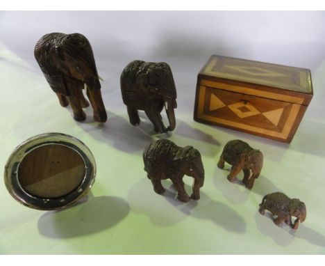 A 19th century inlaid mahogany caddy, three carved Indian elephants and a circular silver photograph frame 