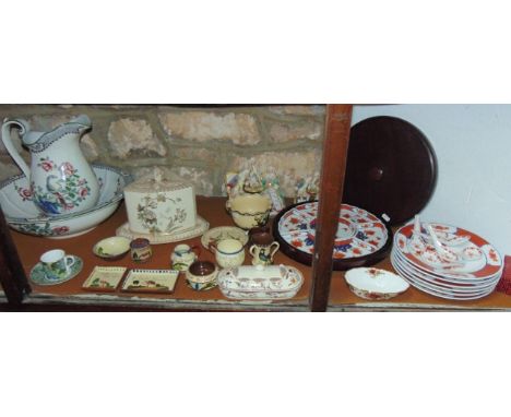 A Coronaware jug and basin set with chinoiserie decoration, a Victorian cheese dish and stand of triangular form with acorn a