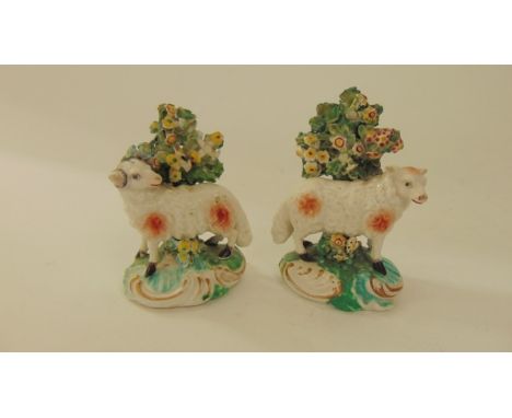 A pair of 18th century figures of sheep with red and white fleeces and with bocage detail and raised on scrolling bases, prob