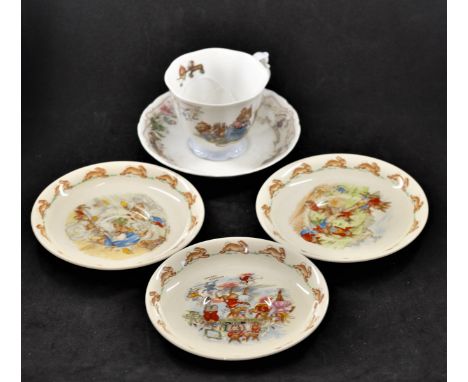 ROYAL DOULTON BRAMLEY HEDGE "THE BIRTHDAY" CUP AND SAUCER PLUS 3 VINTAGE ROYAL DOULTON BUNNYKINS SAUCERS - 2 BY BARBARA VERNO
