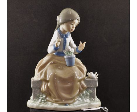 NAO FIGURINE GIRL SEATED WITH FLOWER POT AND 2 BIRDS, UNBOXED (1)