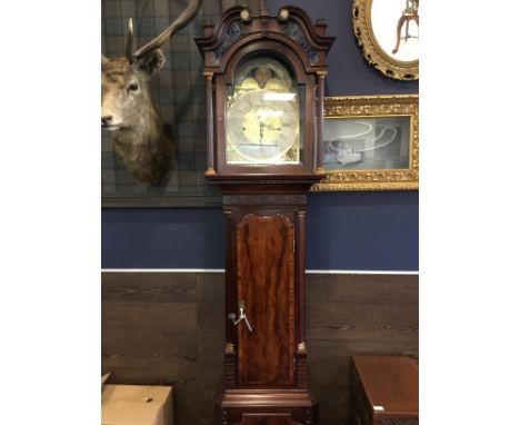 LATE VICTORIAN MAHOGANY LONGCASE CLOCK, with three train movement, the brass dial with silvered Roman and Arabic numeral chap