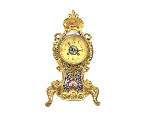 VICTORIAN BRASS AND CHAMPLEVE ENAMEL CLOCK, the two train movement by Japy Freres &amp; Co., the gilt chapter ring with Arabi