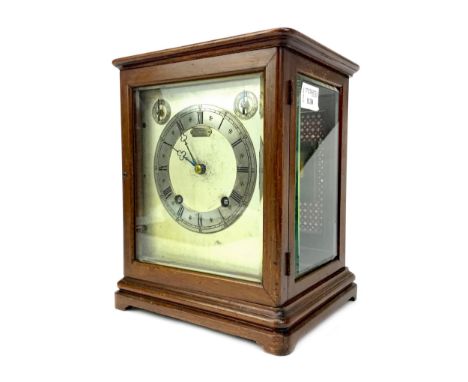 EARLY 20TH CENTURY MAHOGANY MANTEL CLOCK, the silvered dial with numerals in black to the chapter ring, with a cartouche insc