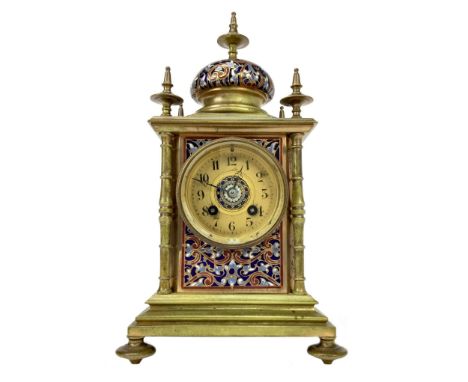 VICTORIAN GILT METAL AND CHAMPLEVE ENAMEL MANTEL CLOCK, the two train movement by Vincent &amp; Co., the gilt chapter ring wi