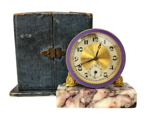 EARLY 20TH CENTURY BRASS AND ENAMEL TRAVELLING TIMEPIECE, the gilded face with silvered Arabic chapter ring, with subsidiary 