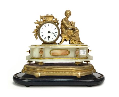 LATE 19TH CENTURY GILTMETAL AND ALABASTER MANTEL CLOCK, with one train movement, the white enamel dial with Roman numerals, t
