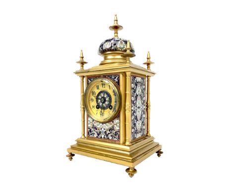 VICTORIAN GILT METAL AND CHAMPLEVE ENAMEL MANTEL CLOCK, the two train movement by Vincent &amp; Co., the gilt chapter ring wi
