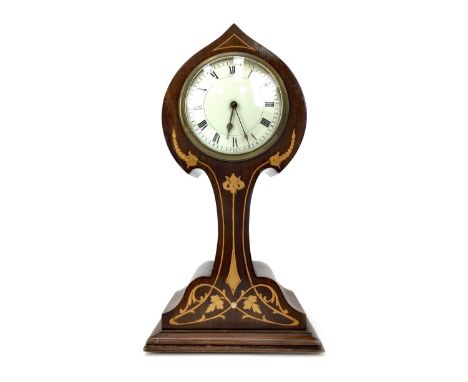 EDWARDIAN ART NOUVEAU INLAID MAHOGANY MANTEL CLOCK, of stylised floral form, inlaid with floral designs in boxwood, 29cm high