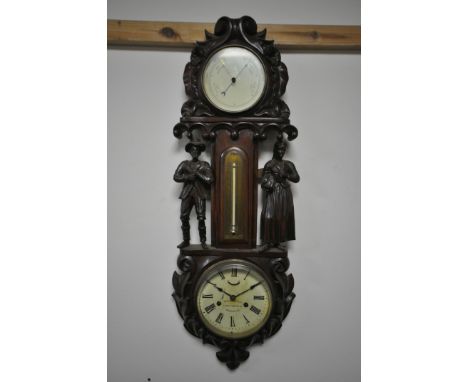A FIGURAL ANEROID BAROMETER/CLOCK, depicting standing Amish male and female figures, and a clock dial with Roman numerals, he