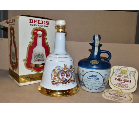 WHISKY &amp; RUM, comprising  one commemorative porcelain decanter of Bell's Scotch Whisky to commemorate the wedding of HRH 