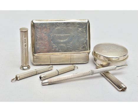 A VICTORIAN RECTANGULAR SILVER SNUFF BOX, AN ELIZABETH II SILVER WAFER BOX AND FOUR ELIZABETH II ENGINE TURNED GIFT ITEMS, th