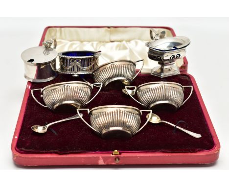 A CASED SILVER EIGHT PIECE CRUET SET, TOGETHER WITH THREE OTHER CONDIMENT ITEMS AND A CONDIMENT SPOON, the cased cruet set wi