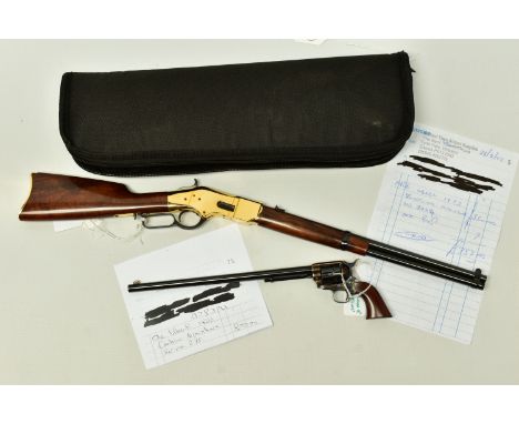 AN UBERTI MINIATURE .44” WINCHESTER YELLOWBOY RIFLE, SERIAL NUMBER 205 AND AN UBERTI MINIATURE COLT CATTLEMAN BLUNTLINE, SERI