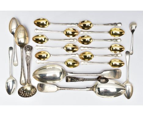 A PARCEL OF 19TH AND 20TH CENTURY SILVER FLATWARE, including a pair of George V Fiddle pattern tablespoons, makers Atkin Brot