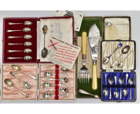 THREE CASES OF SILVER TEA AND COFFEE SPOONS, ETC, including a cased set of six Elizabeth II rat tail pattern British City hal