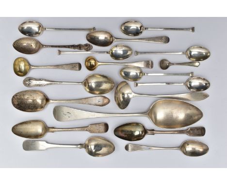 A PARCEL OF ASSORTED LATE 18TH, 19TH AND 20TH CENTURY SILVER SPOONS, including a George III Old English pattern tablespoon, e