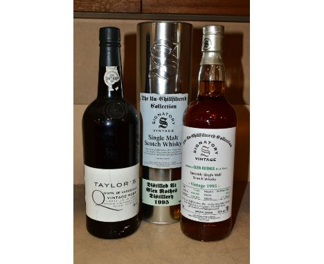 WHISKY &amp; PORT, comprising one bottle of Speyside SINGLE MALT from the Un-Chill filtered Collection Signatory Vintage, dis