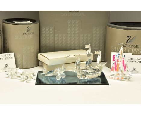FOUR BOXED SWAROVSKI CRYSTAL FROM WHEN WE WERE YOUNG SERIES, comprising Santa Maria (162882) 1991 with glass display stand (d