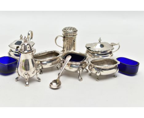 A GROUP OF FOUR SILVER CRUET ITEMS, TOGETHER WITH A SMALL QUANTITY OF EPNS ITEMS, to include a late Victorian silver muffinee