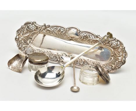 A SELECTION OF EARLY 20TH CENTURY SILVER AND WHITE METAL ITEMS, to include a silver pen tray, with scrolling border openwork 