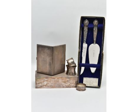 A GEORGE VI SILVER RECTANGULAR CIGARETTE BOX AND SIX OTHER SILVER ITEMS, the cigarette box with engine turned hinged cover, t
