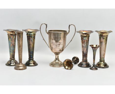 A  SILVER TWIN HANDLED TROPHY CUP, A SET OF FOUR GEORGE V SILVER TRUMPET SHAPED POSY VASES AND THREE OTHER SMALLER POSY VASES