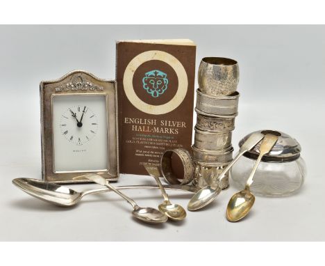 A SMALL PARCEL OF LATE 18TH, 19TH AND 20TH CENTURY SPOONS, NAPKIN RINGS, ETC, comprising an Old English pattern tablespoon, m