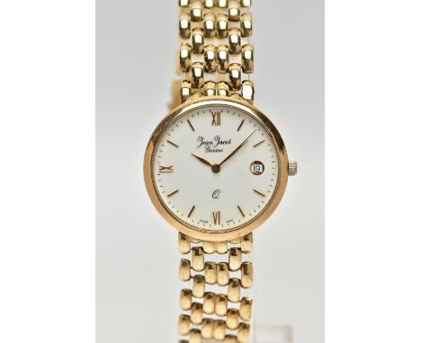 A JEAN JACOT GENEVE YELLOW METAL QUARTZ WRISTWATCH, the white dial with gold tone hourly applied batons, gold tone hands and 