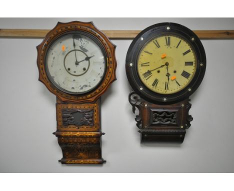 A 19TH CENTURY WALNUT AND INLAID DROP DIAL WALL CLOCK, the 11 inch dial is indistinctly marked with Roman numerals and signat