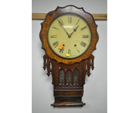A 19TH CENTURY ROSEWOOD AND INLAID GOTHIC STYLE DROP DIAL WALL CLOCK, the enamel dial with Roman numerals, height 80cm (condi