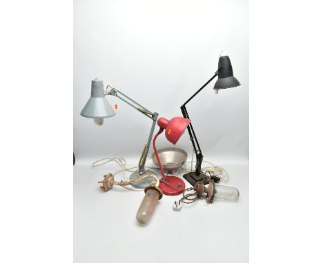 A HERBERT TERRY &amp; SONS LTD ANGLEPOISE MODEL 1227 LAMP, TWO OTHER DESK LAMPS AND TWO INDUSTRIAL LIGHTS, the Herbert Terry 