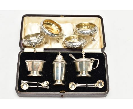 A SELECTION OF 18TH AND 19TH CENTURY SILVER ITEMS, to include a group of four George III cauldron salts with floral embossed 