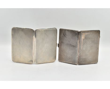 TWO SILVER CIGARETTE CASES OF RECTANGULAR FORM WITH ENGINE TURNED DECORATION TO THE BACK AND FRONT, comprising a George V exa