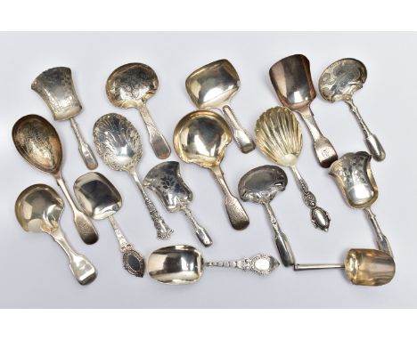 A COLLECTION OF SIXTEEN 19TH CENTURY CADDY SPOONS, five George III, one George IV and ten Victorian, various patterns and sty