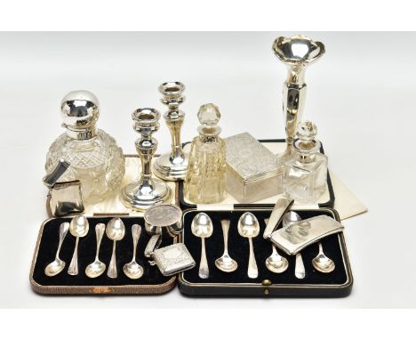 A SELECTION OF SILVER ITEMS, comprising a set of six tea spoons with scroll engraved detail, makers Cooper Brothers &amp; Son