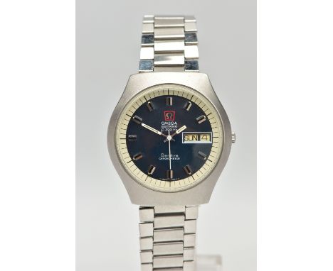 A VINTAGE STAINLESS STEEL DAY-DATE F300HZ OMEGA WRISTWATCH, the dark blue dial, with black and silver coloured hourly applied