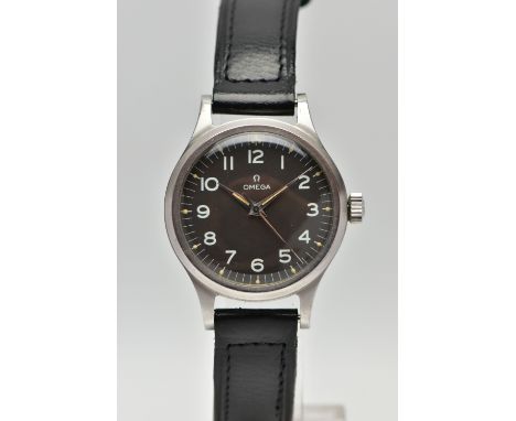 A VINTAGE MID 20TH CENTURY STAINLESS STEEL MANUAL WIND OMEGA WRISTWATCH, the matt black dial, with luminescent Arabic numeral