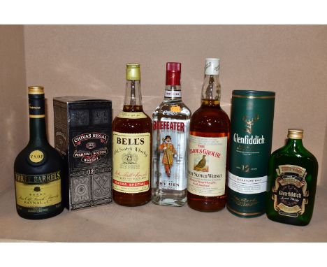 ALCOHOL, seven bottles comprising one GLENFIDDICH Single Malt Scotch Whisky, aged 12 years, 40% vol. 35cl, one Chivas Regal P