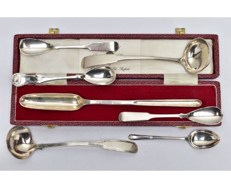 A CASED ELIZABETH II SILVER MARROW SCOOP AND A SMALL PARCEL OF 19TH CENTURY SCOTTISH PROVINCIAL AND OTHER SILVER FLATWARE, th