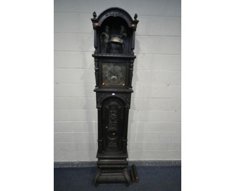 A HEAVILY CARVED EIGHT DAY LONGCASE CLOCK, the 11.5 inch brass and silvered dial singed John Rouchcliffe of Bridgwater, folia