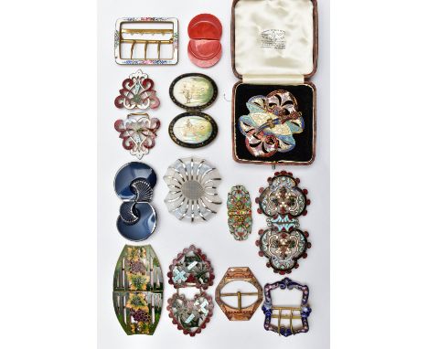A COLLECTION OF THIRTEEN EARLY TO MID 20TH CENTURY BUCKLES, to include a blue enamel floral buckle, stamped 'C L Depose', an 