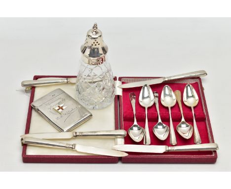 A SMALL PARCEL OF 20TH CENTURY SILVER, comprising a George V Walker &amp; Hall card case with enamel flag and engraved 'Souve